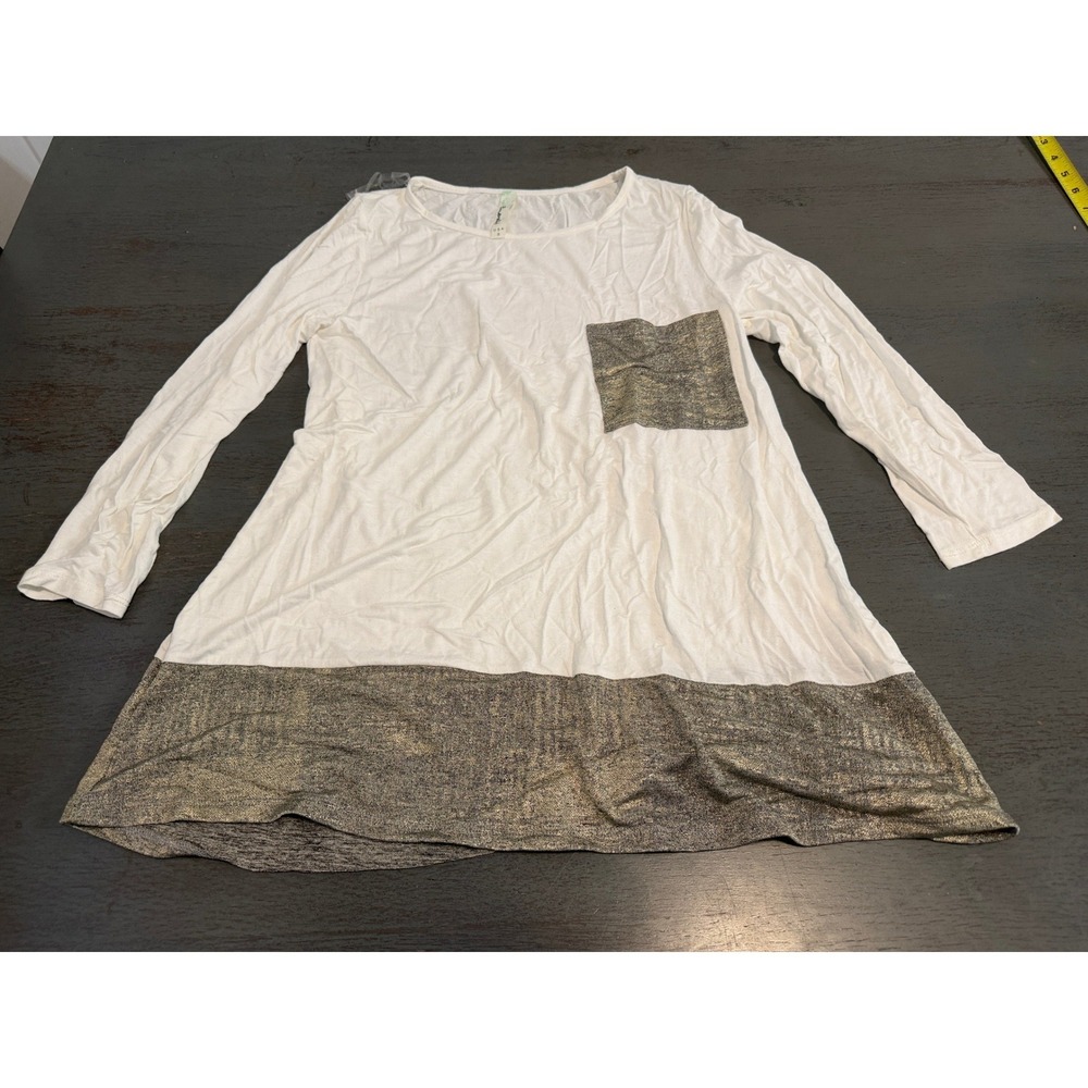 Emerald Womens White Metallic Gold Foil Tunic Top Long Sleeve Small ETK-247